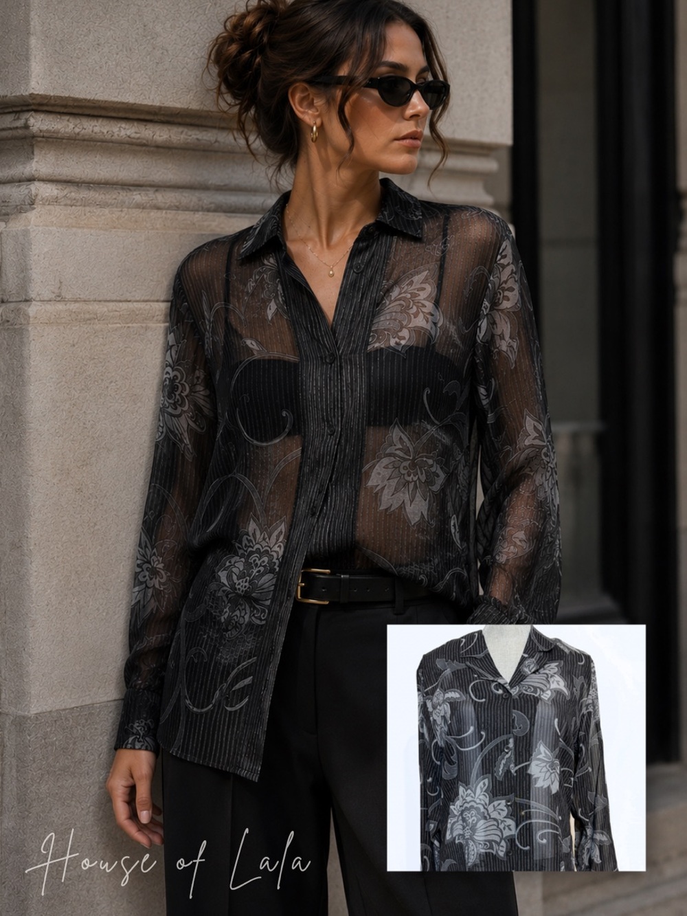 90s Sheer Black Floral Button Down Blouse. Vintage Boss Lady Sheer Long Sleeve